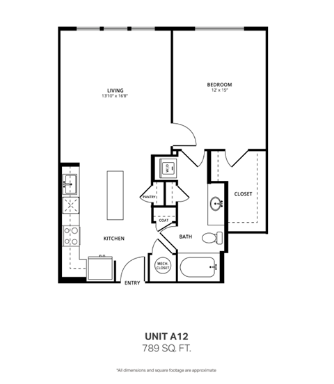 Floor plan for 1 bed, 1 bath, 789 sqft